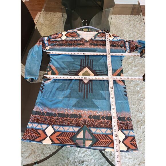 A-Line Dress Women's 2XL Blue Geo Print Stretch Long Sleeve V Neck Side Pockets - Picture 8 of 13